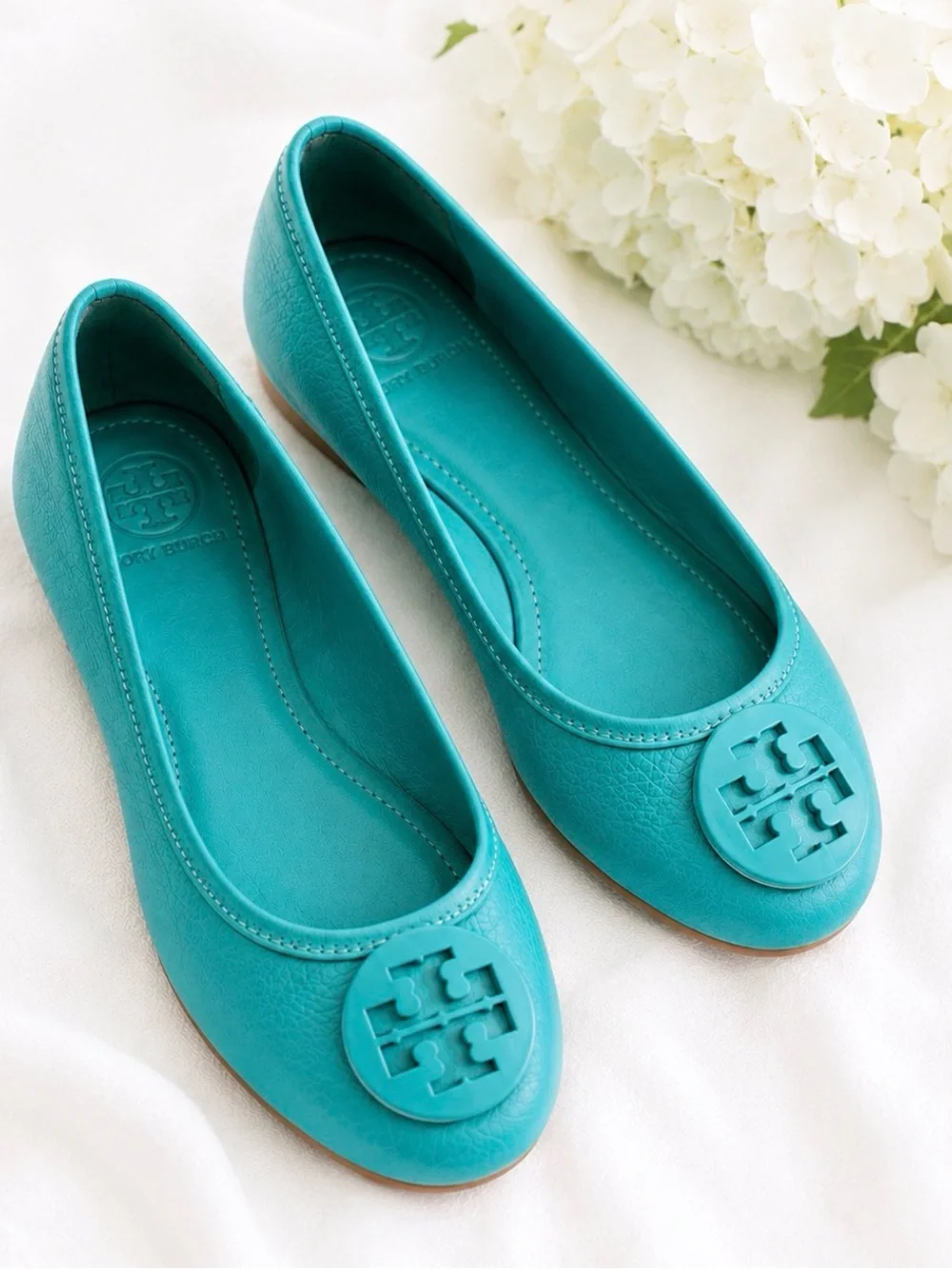 Tory Burch Turquoise Teal Leather Logo Ballet Flats Size 8
